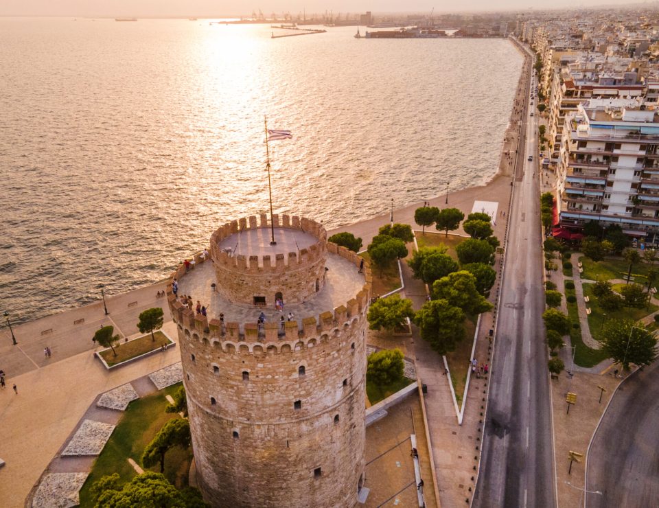 Aerial,View,Of,Thessaloniki,Seafront,During,The,Sunset,And,The